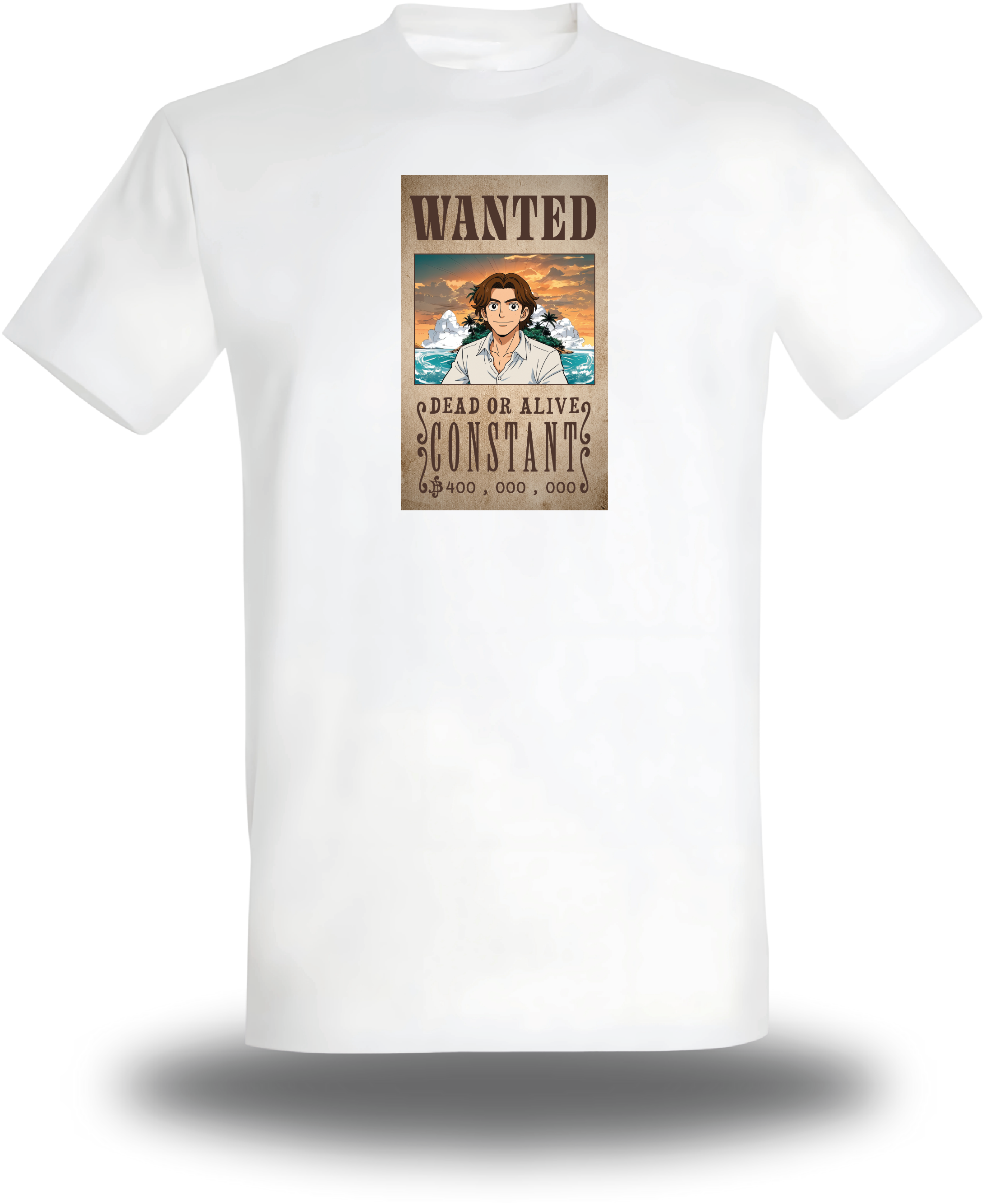Camiseta blanca con el póster "Se busca" de One Piece, diseño de anime y cine